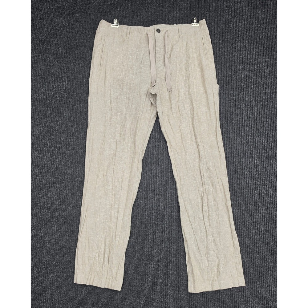 Perry Ellis Mens Beige Linen Blend Drawstring Straight Leg Pants 34x32 Oatmeal